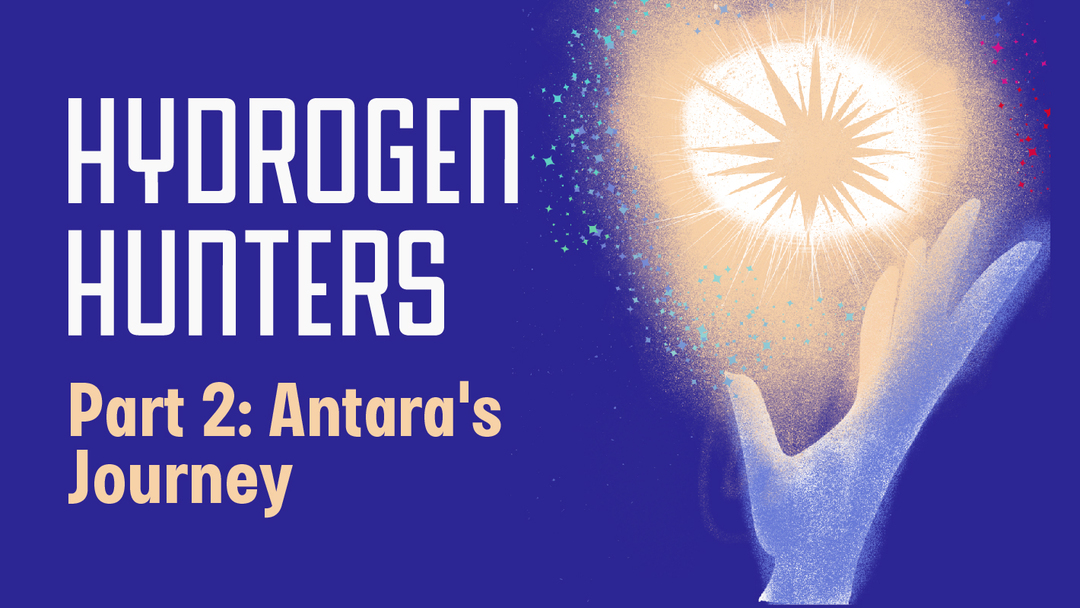 The episode title in white and cream sits on an indigo background. To its right, a blue-grey hand opens up, seemingly holding a star.  The star is a yellow spiky burr-like shape, inside a white circular blob, surrounded by yellow fuzz and multicolored mini-stars.